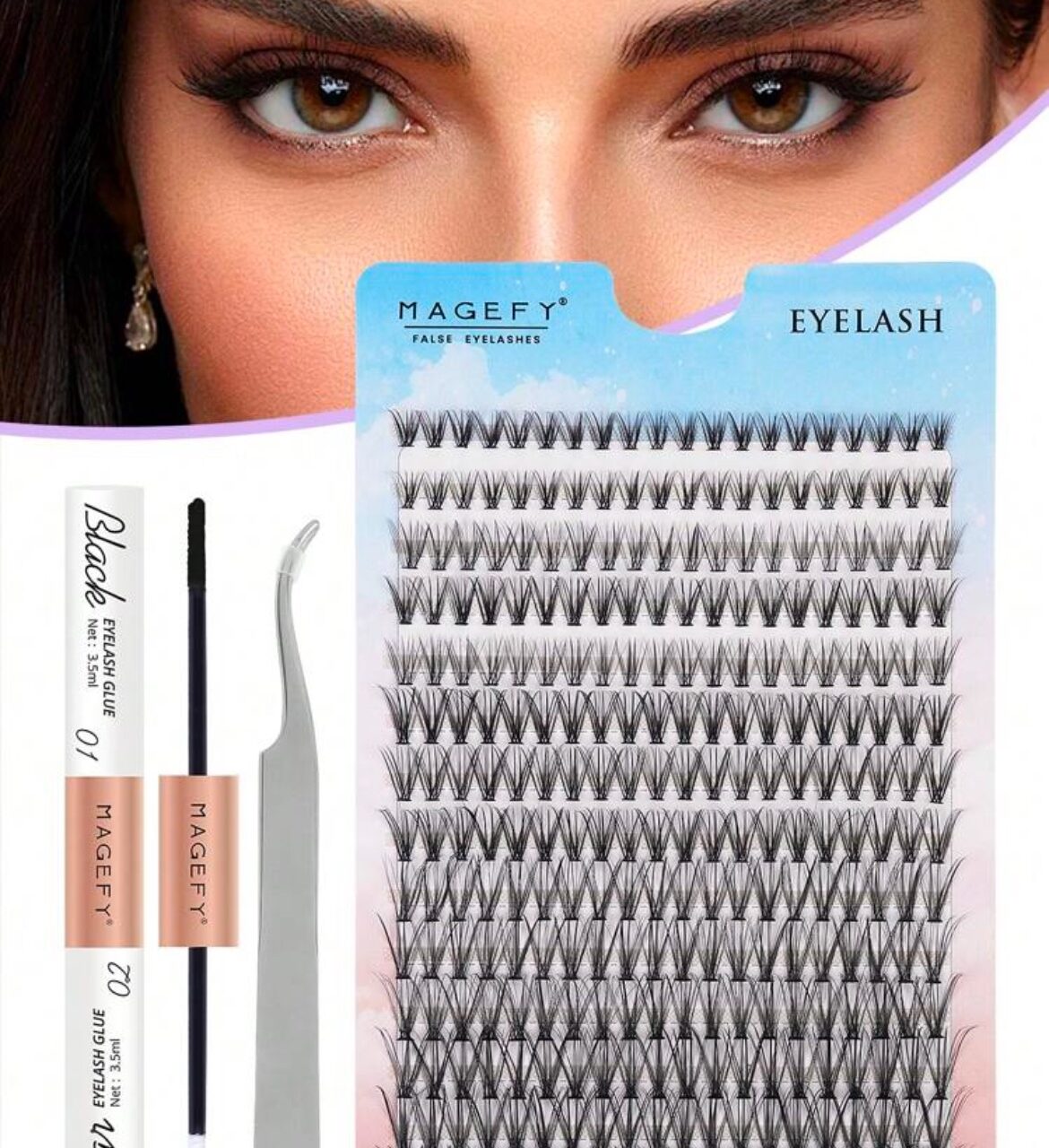 MAGEFY 280 Grappes De Faux Cils Individuels Avec Colle Et Pince Courbée (MGY7598-6+TZ)
