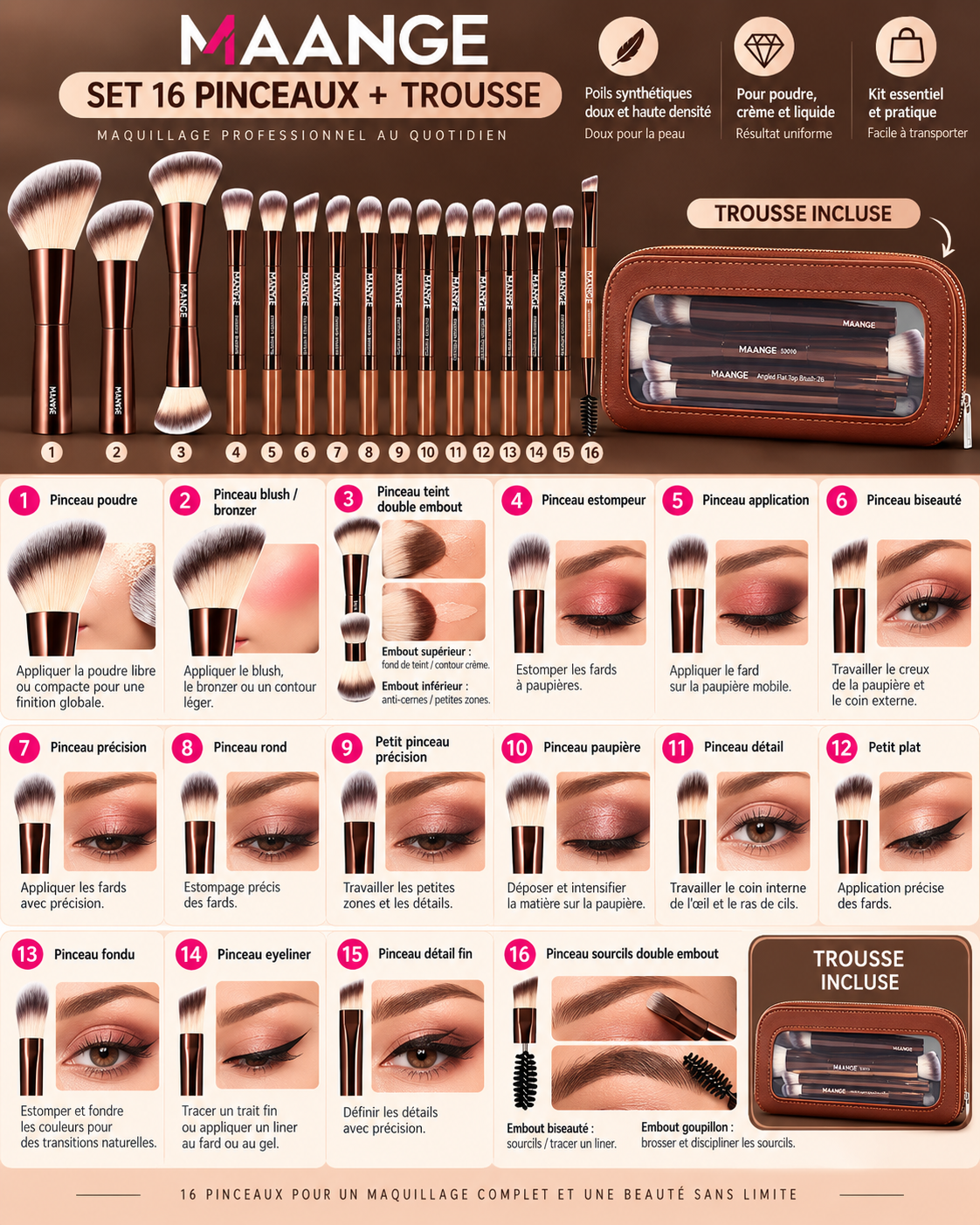 MAANGE MakeUp Brush Set De 16 Pièces With BAG – Kit De Pinceaux Professionnel – Essentiel – Image 21