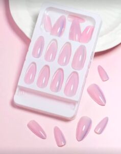 VV MEIJIAER Press-On Nails 24 Pièces Amande (Chrome et Roses) + Feuille Adhésive + Mini Lime - ZJ072