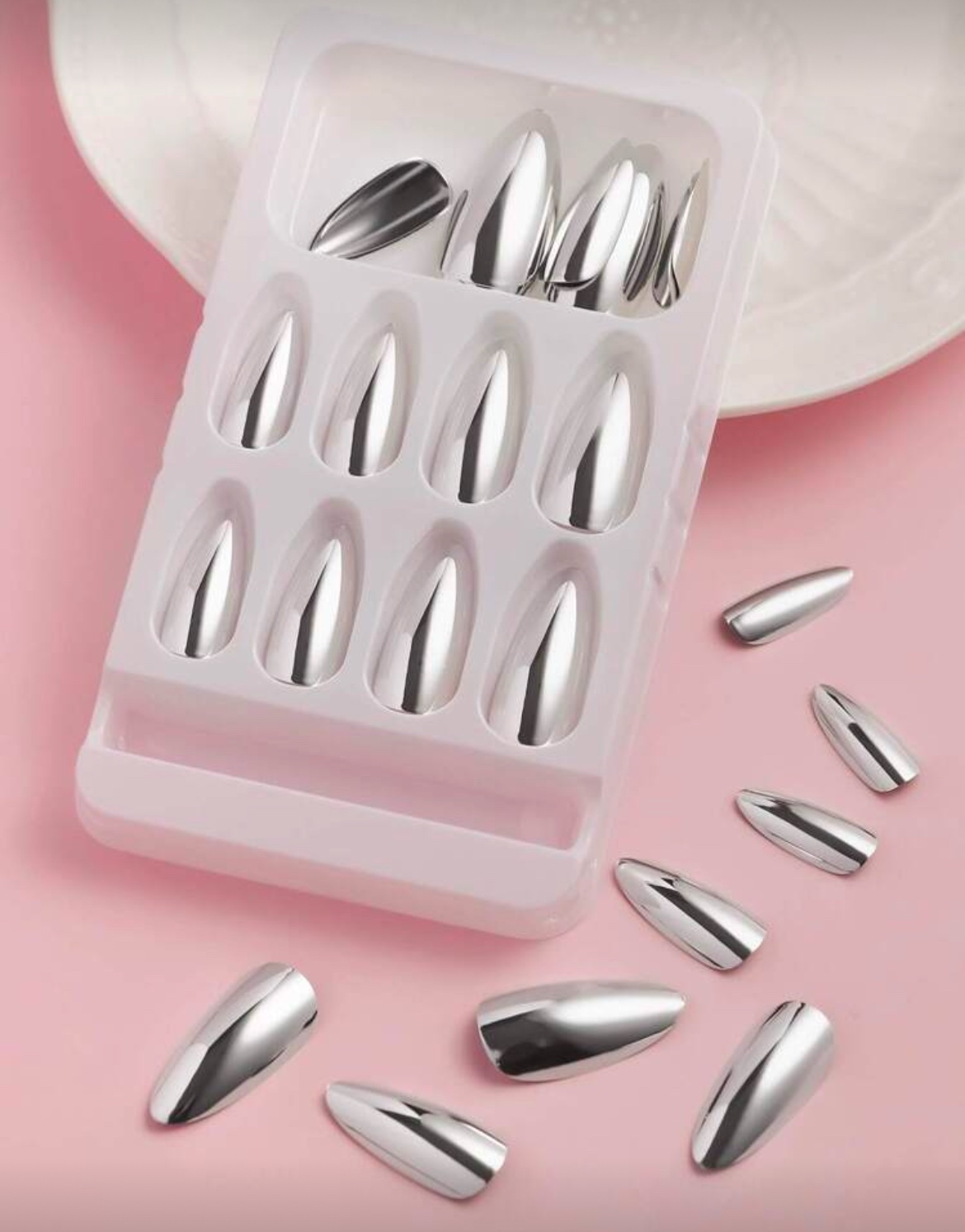 VV MEIJIAER Press-On Nails 24 Pièces Amande (Argentés Brillants) + Feuille Adhésive + Mini Lime - ZJ919