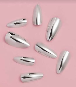 VV MEIJIAER Press-On Nails 24 Pièces Amande (Argentés Brillants) + Feuille Adhésive + Mini Lime - ZJ919