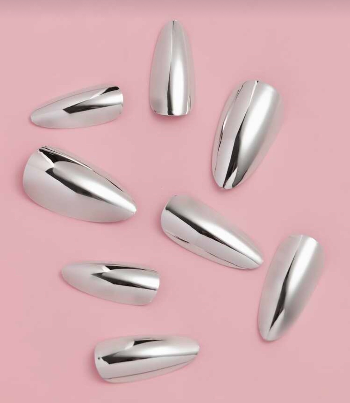 VV MEIJIAER Press-On Nails 24 Pièces Amande (Argentés Brillants) + Feuille Adhésive + Mini Lime - ZJ919